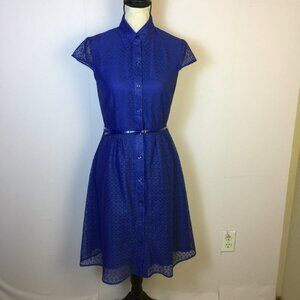 Tahari ASL Fit & Flare Shirt Dress Size 4 Womans Blue Lace Short Sleeve Belted